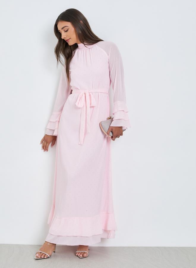 ستايلي فستان طويل بأكمام كشكش وردي - Image 5